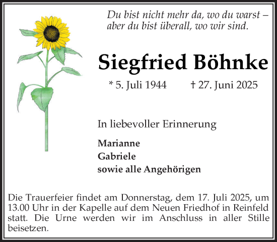 Traueranzeige von Siegfried Böhnke von MARKT Bad Oldesloe/Reinfeld und Stormarner Tageblatt
