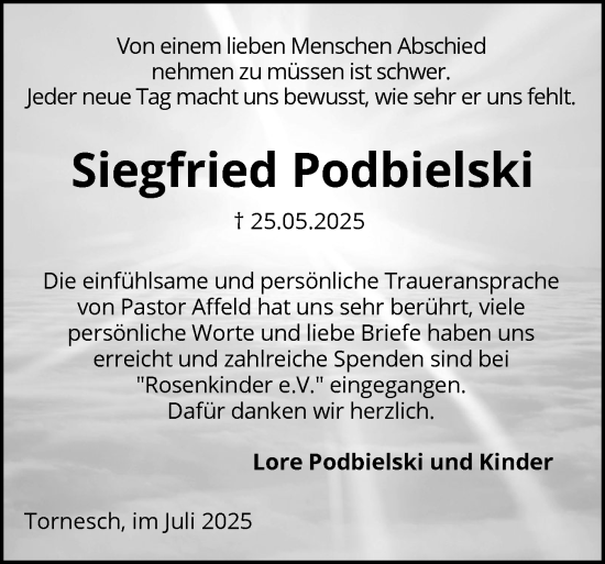 Traueranzeige von Siegfried Podbielski von Uetersener Nachrichten, Der tip am Wochenende