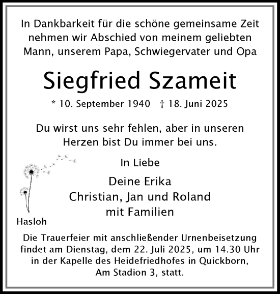 Traueranzeige von Siegfried Szameit von Region Pinneberg und tip Pinneberg