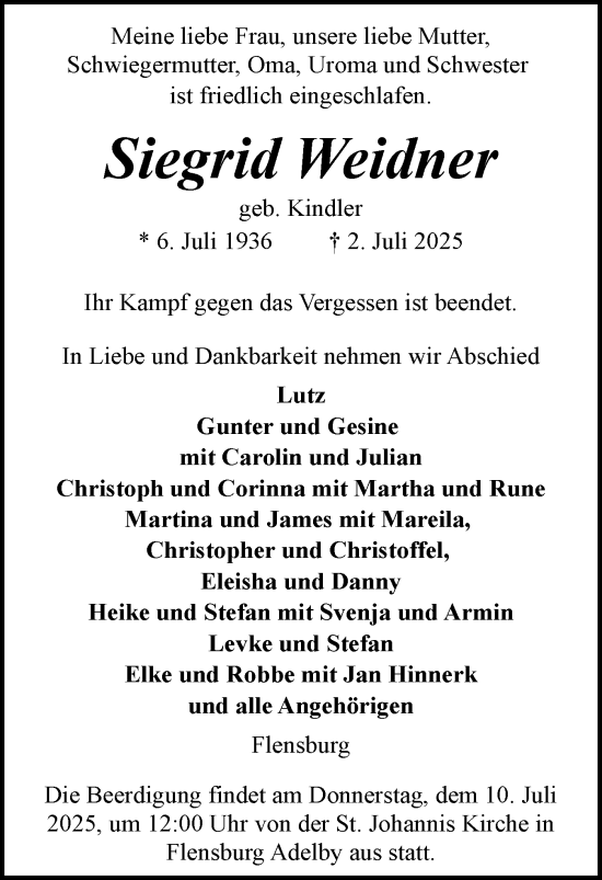 Traueranzeige von Siegrid Weidner von Flensburger Tageblatt