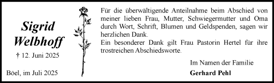 Traueranzeige von Sigrid Welbhoff von Schleswiger Nachrichten, Schlei-Bote