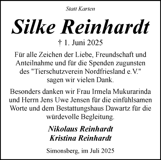 Traueranzeige von Silke Reinhardt von Husumer Nachrichten, Nordfriesland Tageblatt