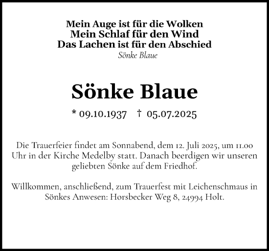 Traueranzeige von Sönke Blaue von Flensburger Tageblatt