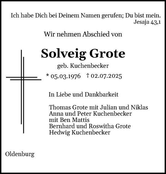 Traueranzeige von Solveig Grote von Schleswiger Nachrichten, Schlei-Bote