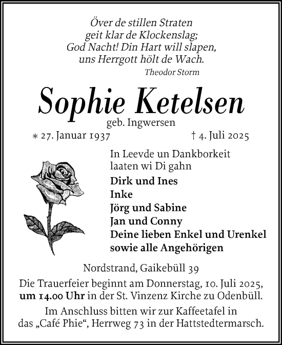 Traueranzeige von Sophie Ketelsen von Husumer Nachrichten, Nordfriesland Tageblatt