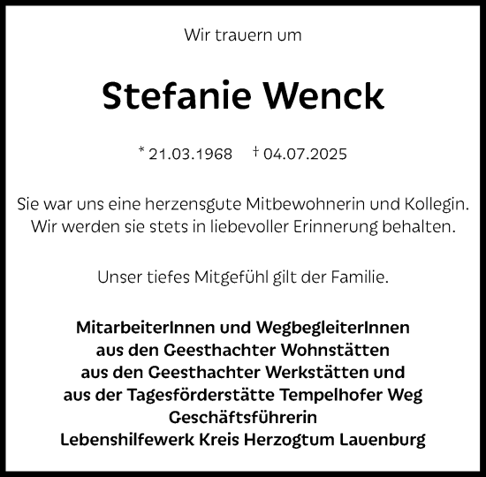 Traueranzeige von Stefanie Wenck von Wochenend Anzeiger