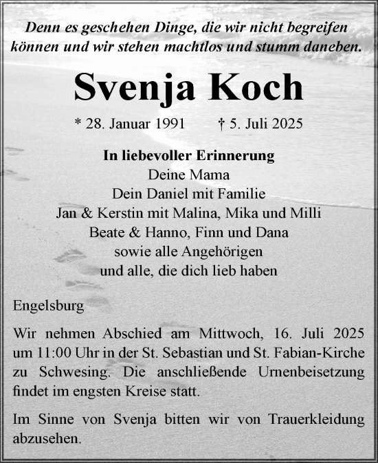 Traueranzeige von Svenja Koch von Husumer Nachrichten, Nordfriesland Tageblatt