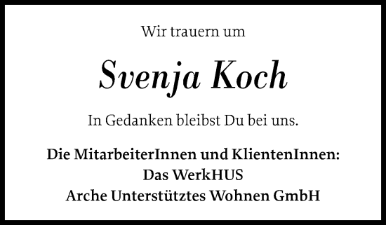 Traueranzeige von Svenja Koch von Husumer Nachrichten, Nordfriesland Tageblatt