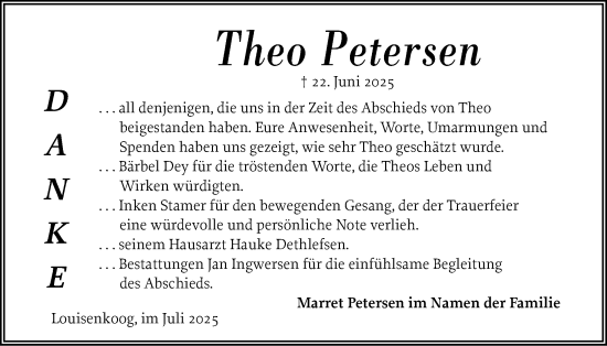 Traueranzeige von Theo Petersen von Husumer Nachrichten, Nordfriesland Tageblatt
