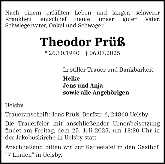 Traueranzeige von Theodor Prüß von Schleswiger Nachrichten, Schlei-Bote