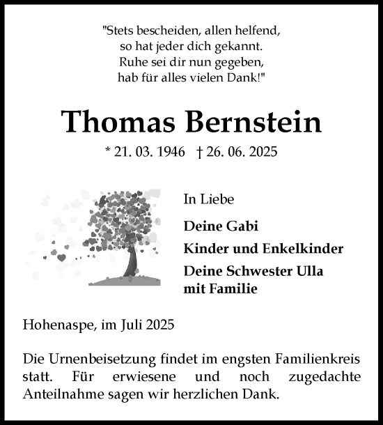 Traueranzeige von Thomas Bernstein von Norddeutsche Rundschau, Wilstersche Zeitung, Glückstädter Fortuna
