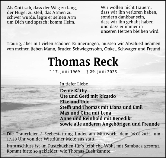 Traueranzeige von Thomas Reck von Der Insel-Bote