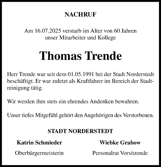 Traueranzeige von Thomas Trende von Heimatspiegel