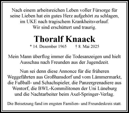 Traueranzeige von Thoralf Knaack von MARKT Ahrensburg/Bargteheide/Trittau und Stormarner Tageblatt