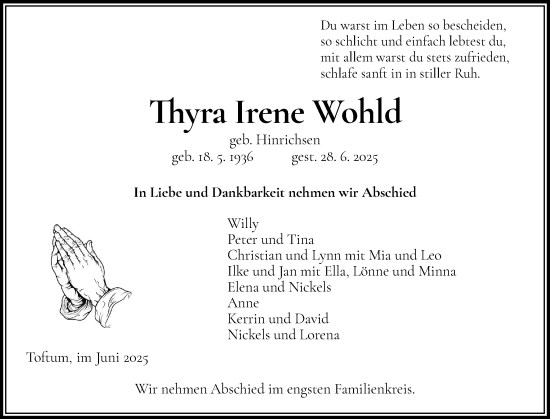 Traueranzeige von Thyra Irene Wohld von Der Insel-Bote