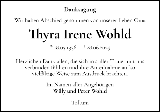 Traueranzeige von Thyra Irene Wohld von Der Insel-Bote