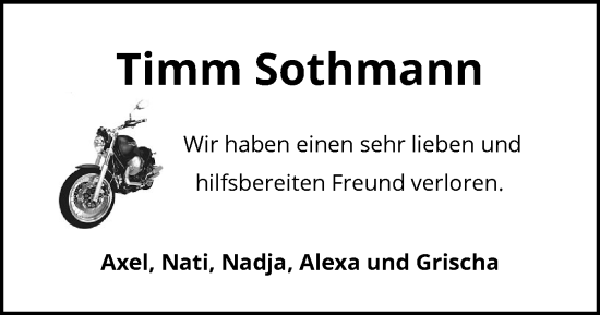 Traueranzeige von Timm Sothmann von Holsteinischer Courier