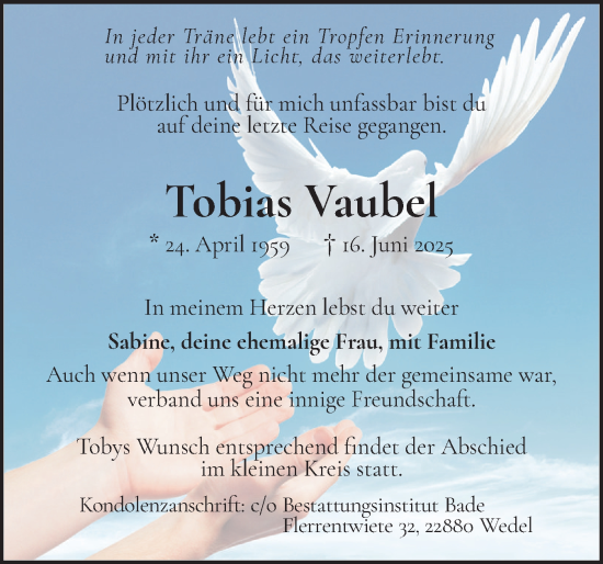Traueranzeige von Tobias Vaubel von Wedel-Schulauer Tageblatt, tip Wedel-Schulauer Tageblatt, tip Rissener Rundschau