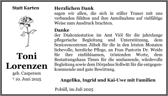 Traueranzeige von Toni Lorenzen von Husumer Nachrichten, Nordfriesland Tageblatt