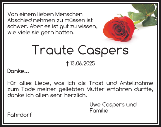 Traueranzeige von Traute Caspers von Schleswiger Nachrichten, Schlei-Bote