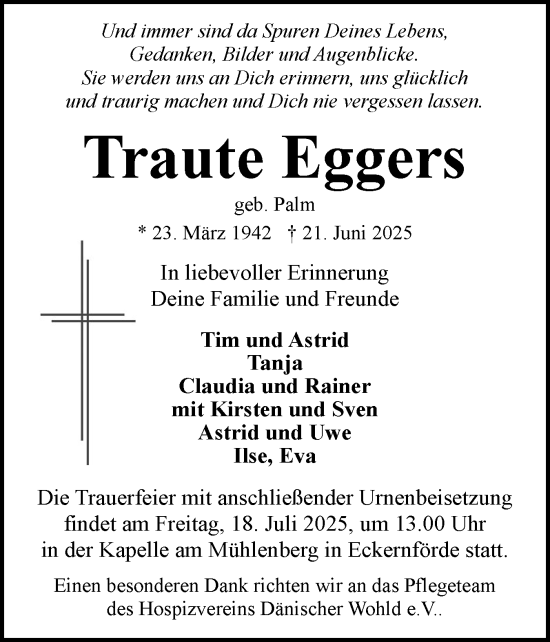 Traueranzeige von Traute Eggers von Eckernförder Zeitung, Hallo Eckernförde