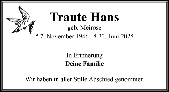 Traueranzeige von Traute Hans von MARKT Bad Oldesloe/Reinfeld und Stormarner Tageblatt