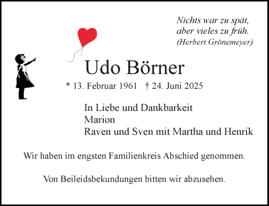 Traueranzeige von Udo Börner von MARKT Ratzeburg/Mölln