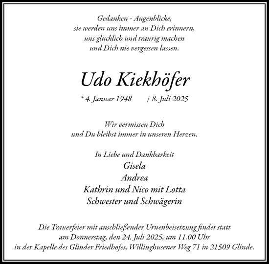 Traueranzeige von Udo Kiekhöfer von MARKT Glinde/Reinfeld