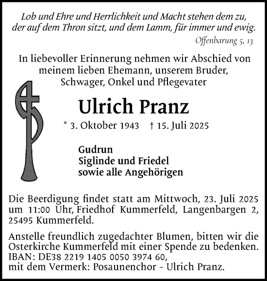 Traueranzeige von Ulrich Pranz von Region Pinneberg und tip Pinneberg
