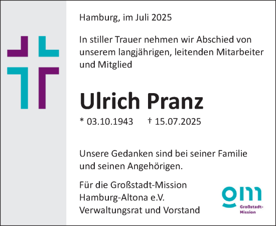 Traueranzeige von Ulrich Pranz von A.Beig Südausgabe