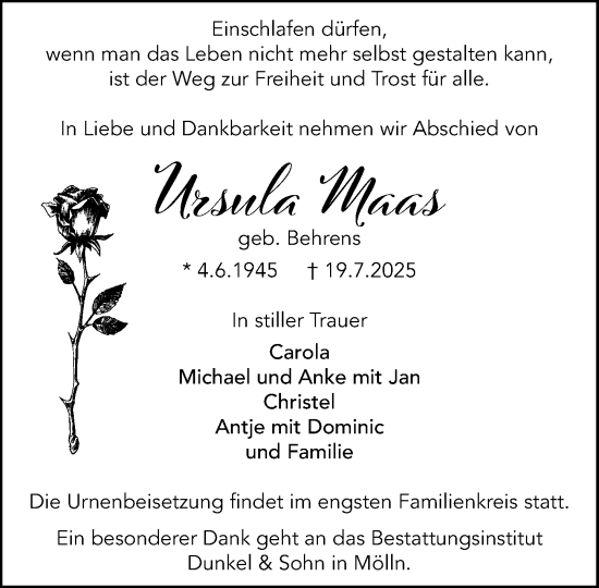 Traueranzeige von Ursula Maas von MARKT Ratzeburg/Mölln