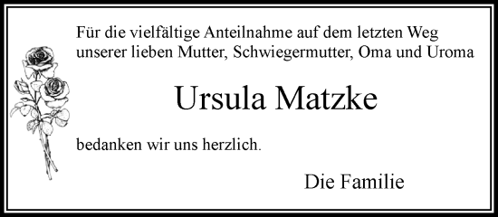 Traueranzeige von Ursula Matzke von MARKT Bad Oldesloe/Reinfeld und Stormarner Tageblatt