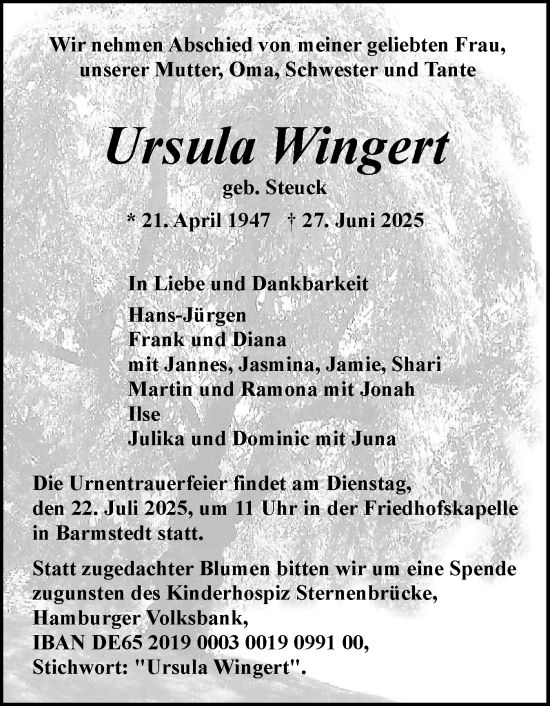 Traueranzeige von Ursula Wingert von Elmshorner Nachrichten, Barmstedter Zeitung