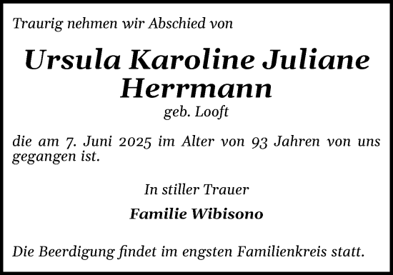 Traueranzeige von Ursula Karoline Juliane Herrmann von Husumer Nachrichten, Nordfriesland Tageblatt