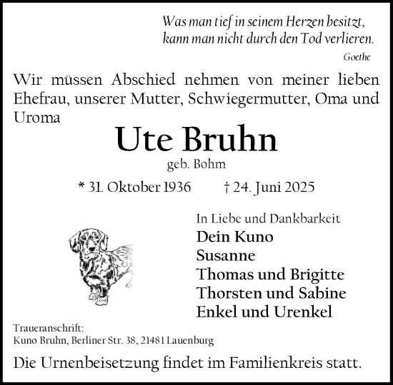 Traueranzeige von Ute Bruhn von Wochenend Anzeiger