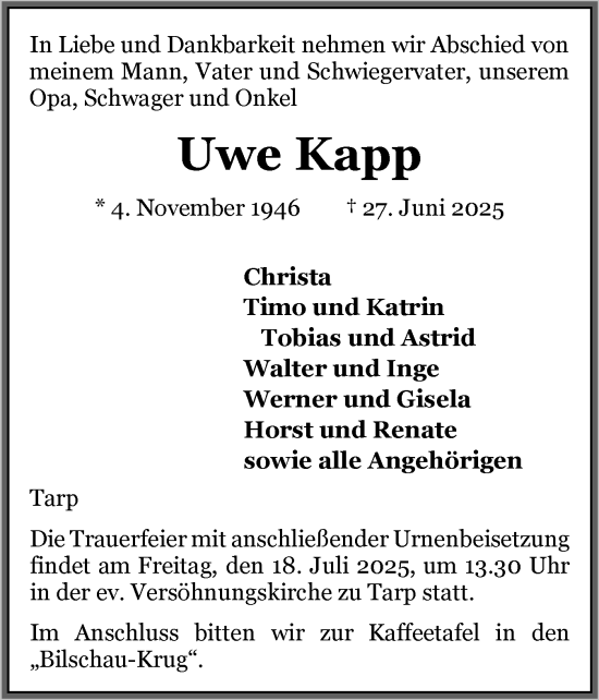 Traueranzeige von Uwe Kapp von Flensburger Tageblatt