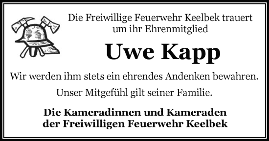 Traueranzeige von Uwe Kapp von Flensburger Tageblatt