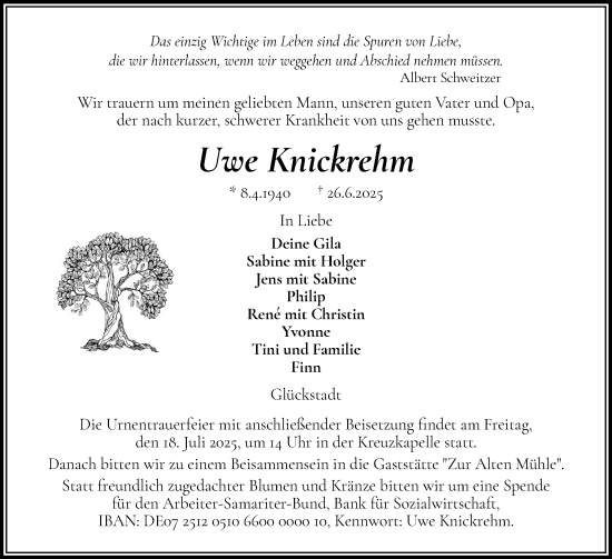Traueranzeige von Uwe Knickrehm von Norddeutsche Rundschau, Wilstersche Zeitung, Glückstädter Fortuna