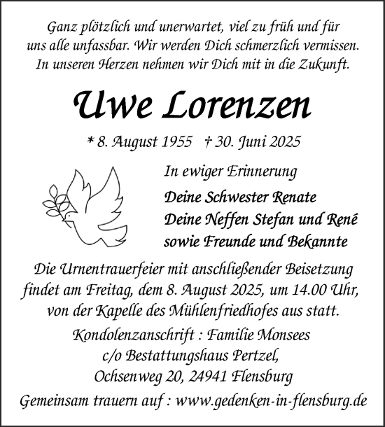 Traueranzeige von Uwe Lorenzen von Flensburger Tageblatt