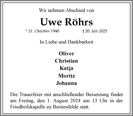 Traueranzeige von Uwe Röhrs von MARKT Ratzeburg/Mölln