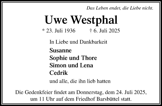 Traueranzeige von Uwe Westphal von MARKT Glinde/Reinfeld