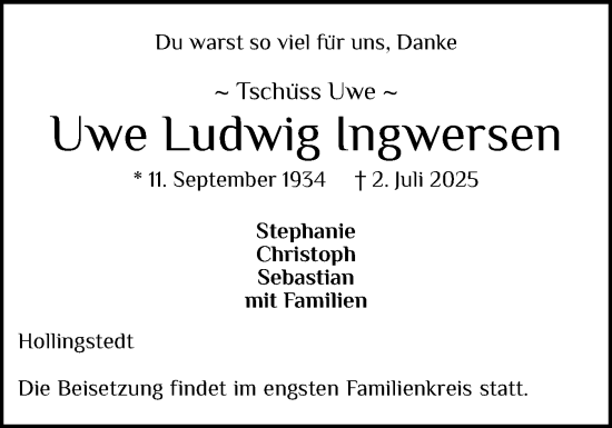 Traueranzeige von Uwe Ludwig Ingwersen von Schleswiger Nachrichten, Schlei-Bote