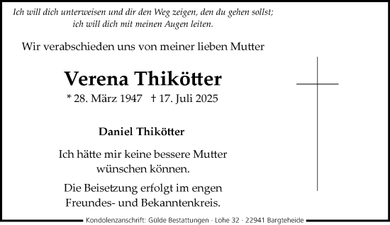 Traueranzeige von Verena Thikötter von MARKT Ahrensburg/Bargteheide/Trittau und Stormarner Tageblatt