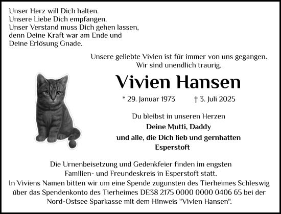 Traueranzeige von Vivien Hansen von Schleswiger Nachrichten, Schlei-Bote