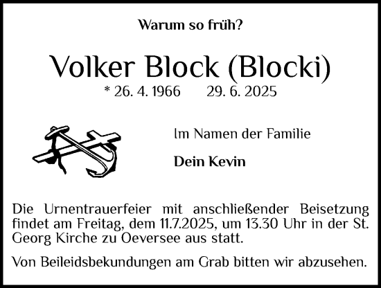 Traueranzeige von Volker Block von Flensburger Tageblatt