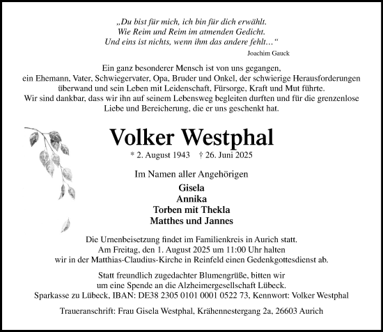 Traueranzeige von Volker Westphal von MARKT Bad Oldesloe/Reinfeld und Stormarner Tageblatt