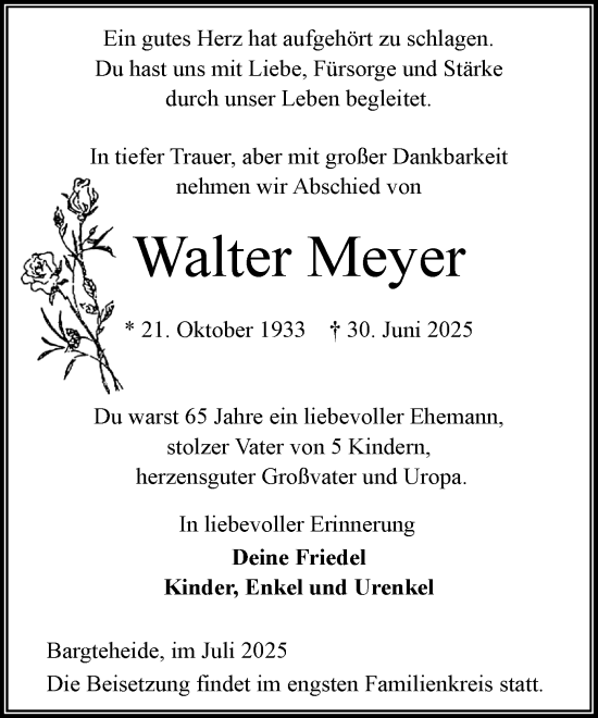Traueranzeige von Walter Meyer von MARKT Ahrensburg/Bargteheide/Trittau und Stormarner Tageblatt