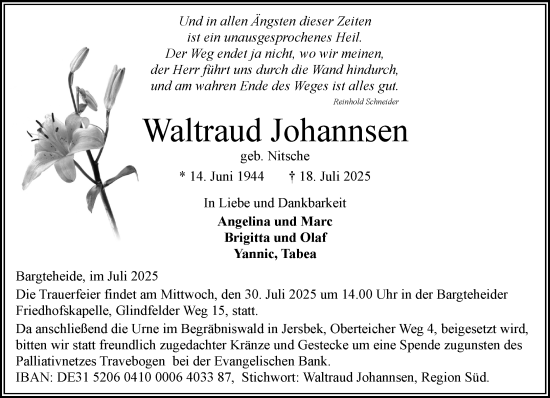Traueranzeige von Waltraud Johannsen von MARKT Ahrensburg/Bargteheide/Trittau und Stormarner Tageblatt