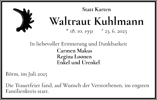 Traueranzeige von Waltraut Kuhlmann von Die WochenSchau Gesamtausgabe