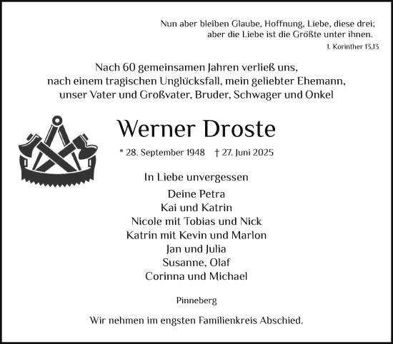 Traueranzeige von Werner Droste von Region Pinneberg und tip Pinneberg